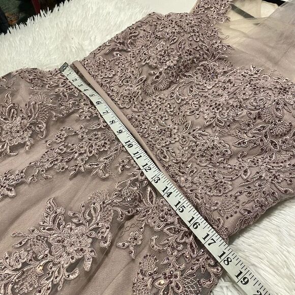 NEW MGNY by Mori Lee Beaded Lace Illusion Neck A-Line Maxi Dress Gown in Dusty L - Picture 5 of 12
